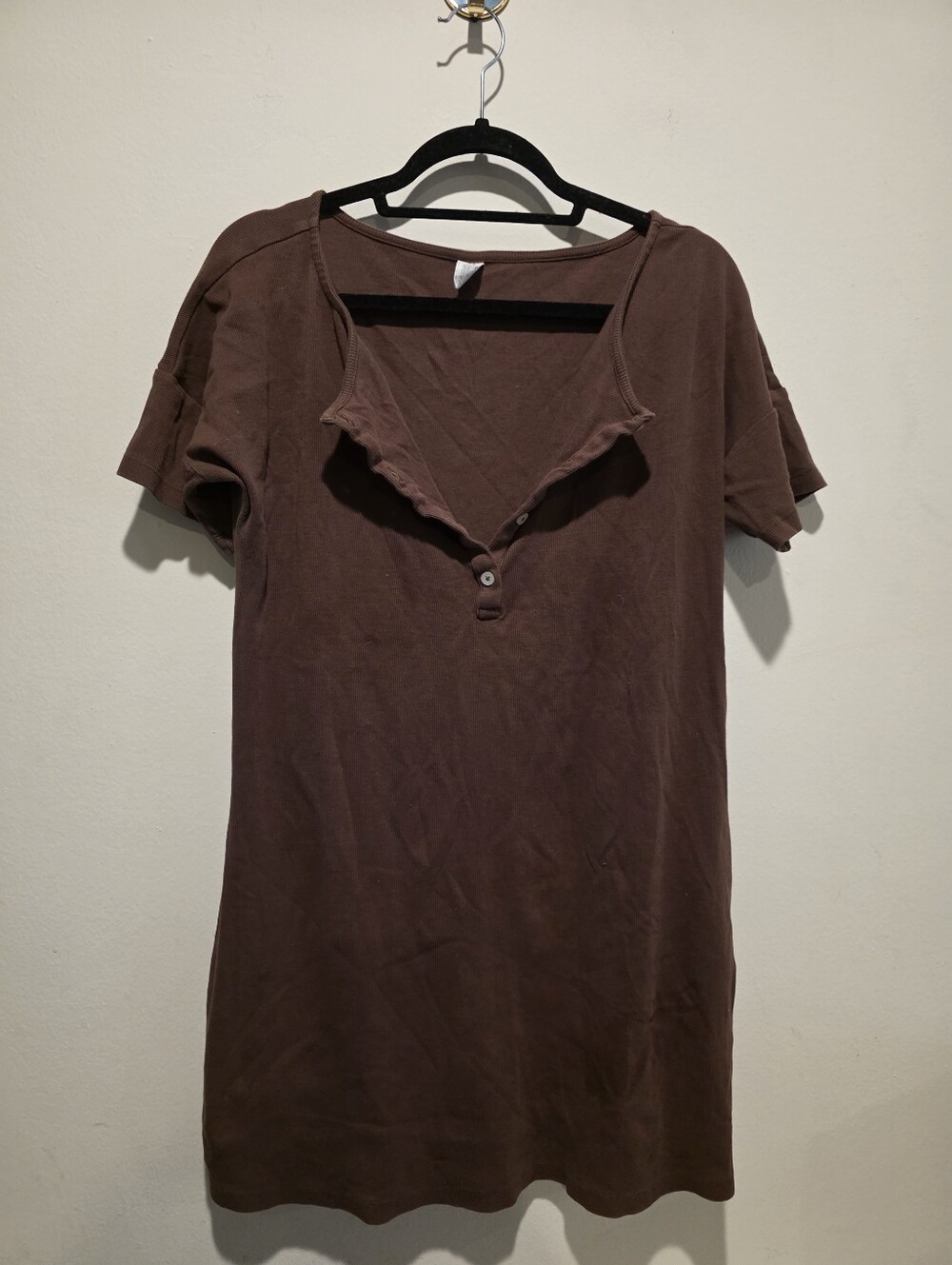 Kate Quinn Brown Ribbed Henley T-Shirt Dress Pocket Lounge Dress Size L